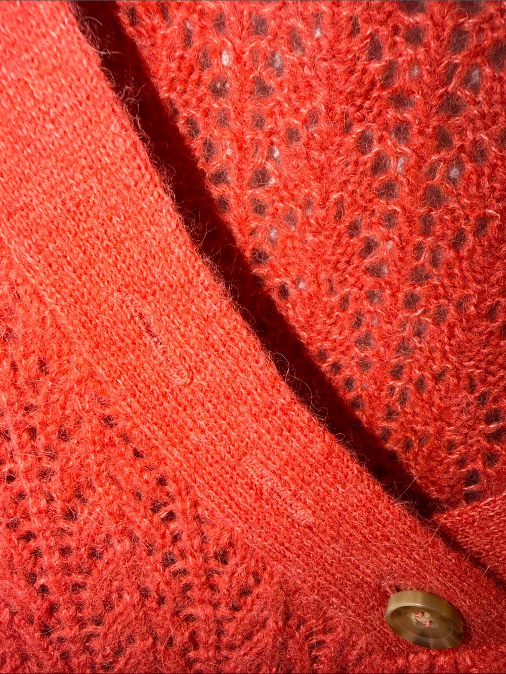 Marine Lauer Coral Red Open Knit V-Neck Sweater with Button Detail - Picture 4 of 11
